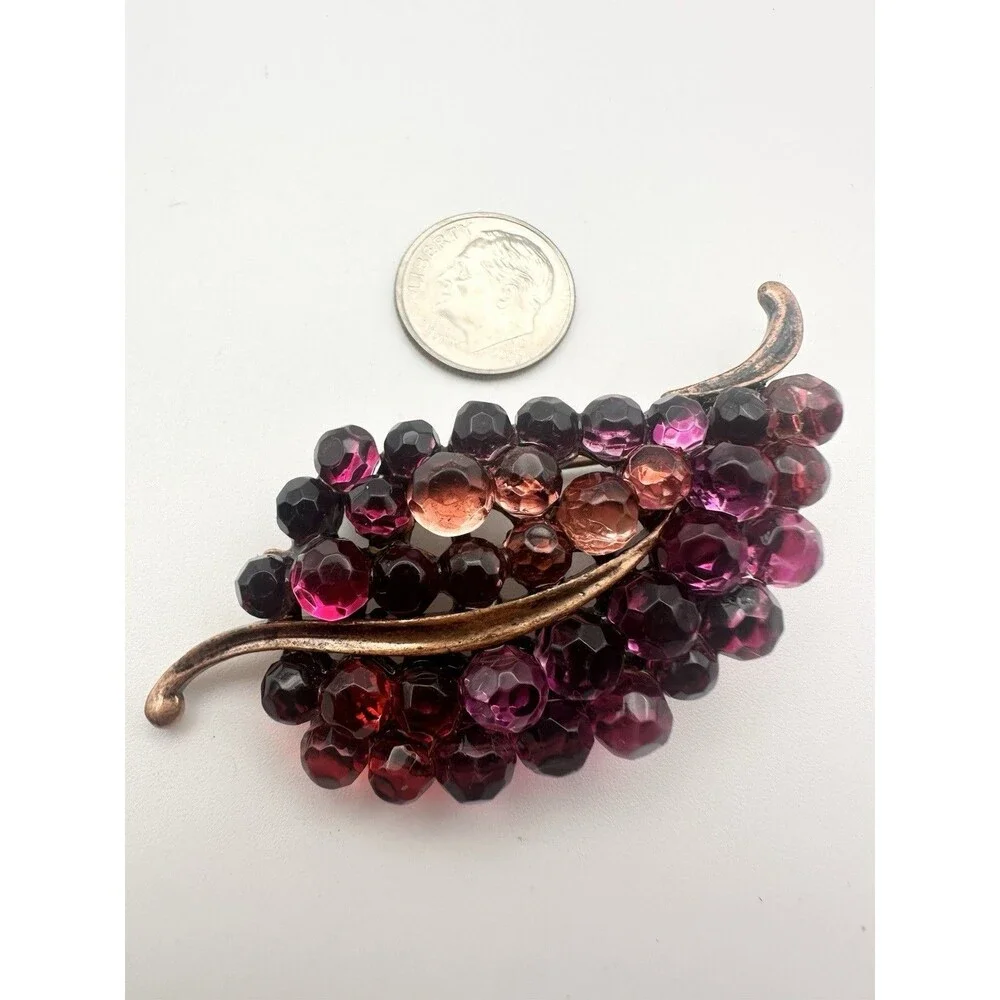 Gold Tone Leaf Fuchsia Glass Briolette Brooch